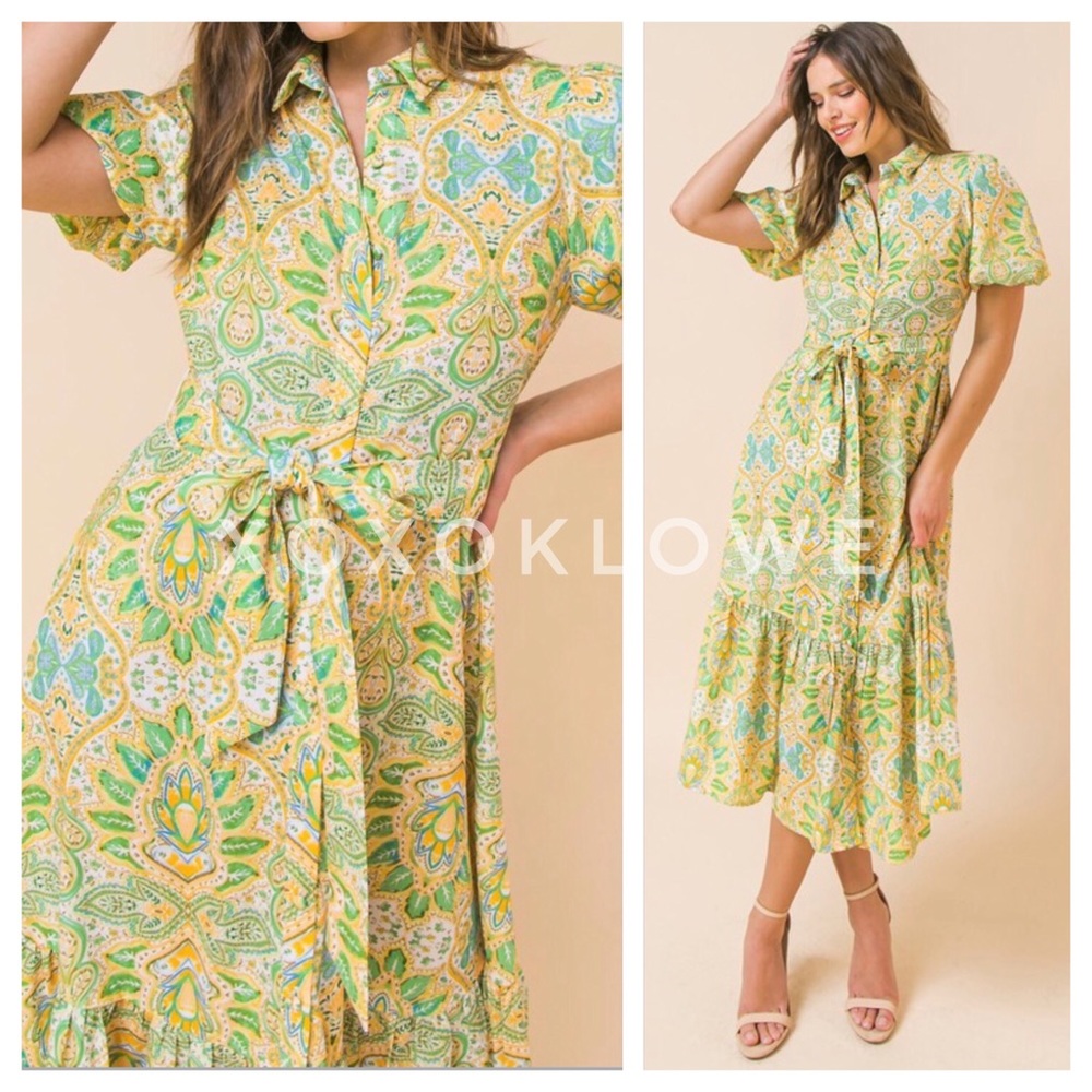 Spring Green Paisley Print Duster or Midi Shirt Dress
